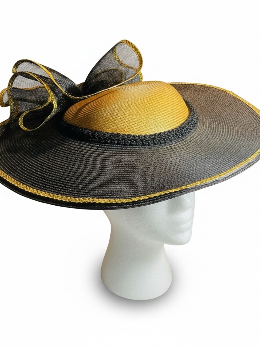 Vintage Elegant Black & Gold Wide-Brim Kentucky Derby Church Breeders Cup Hat